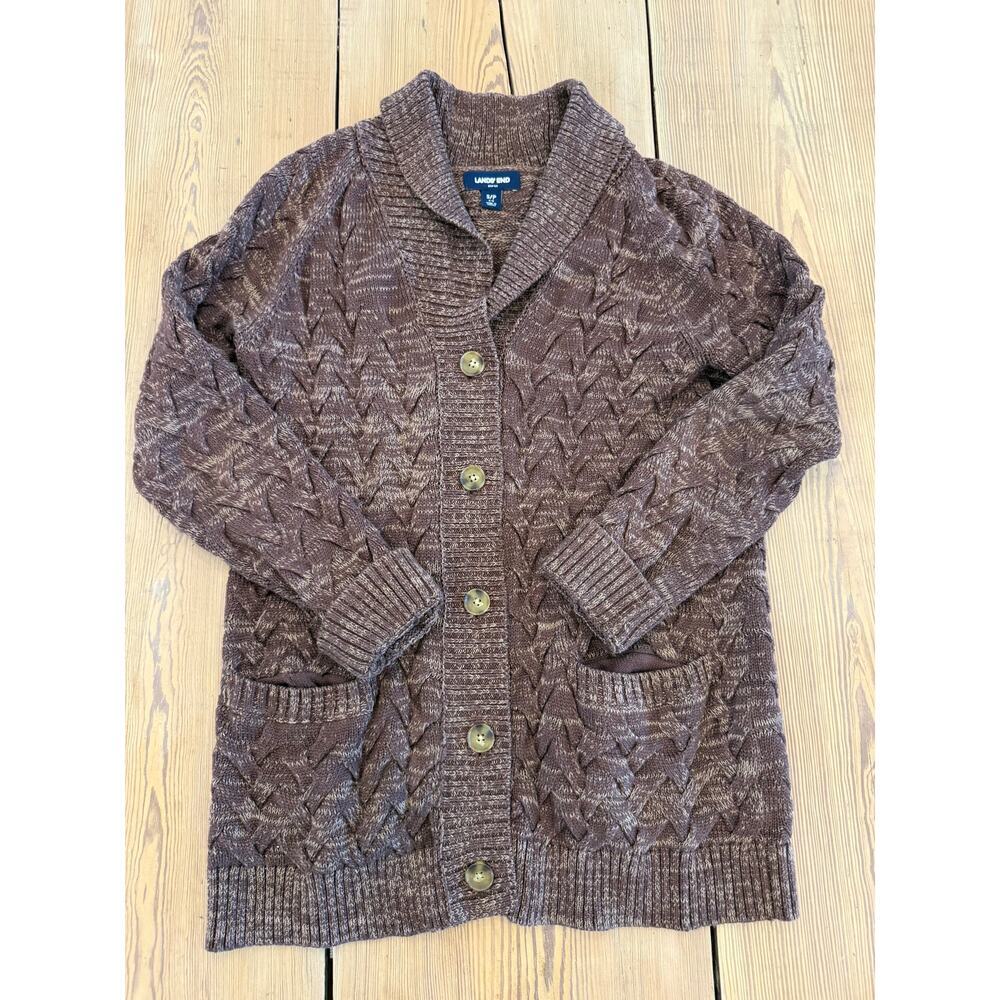 Land's End Marbled Brown Cable Knit Cardigan Shawl Collar Cotton Small (6-8)